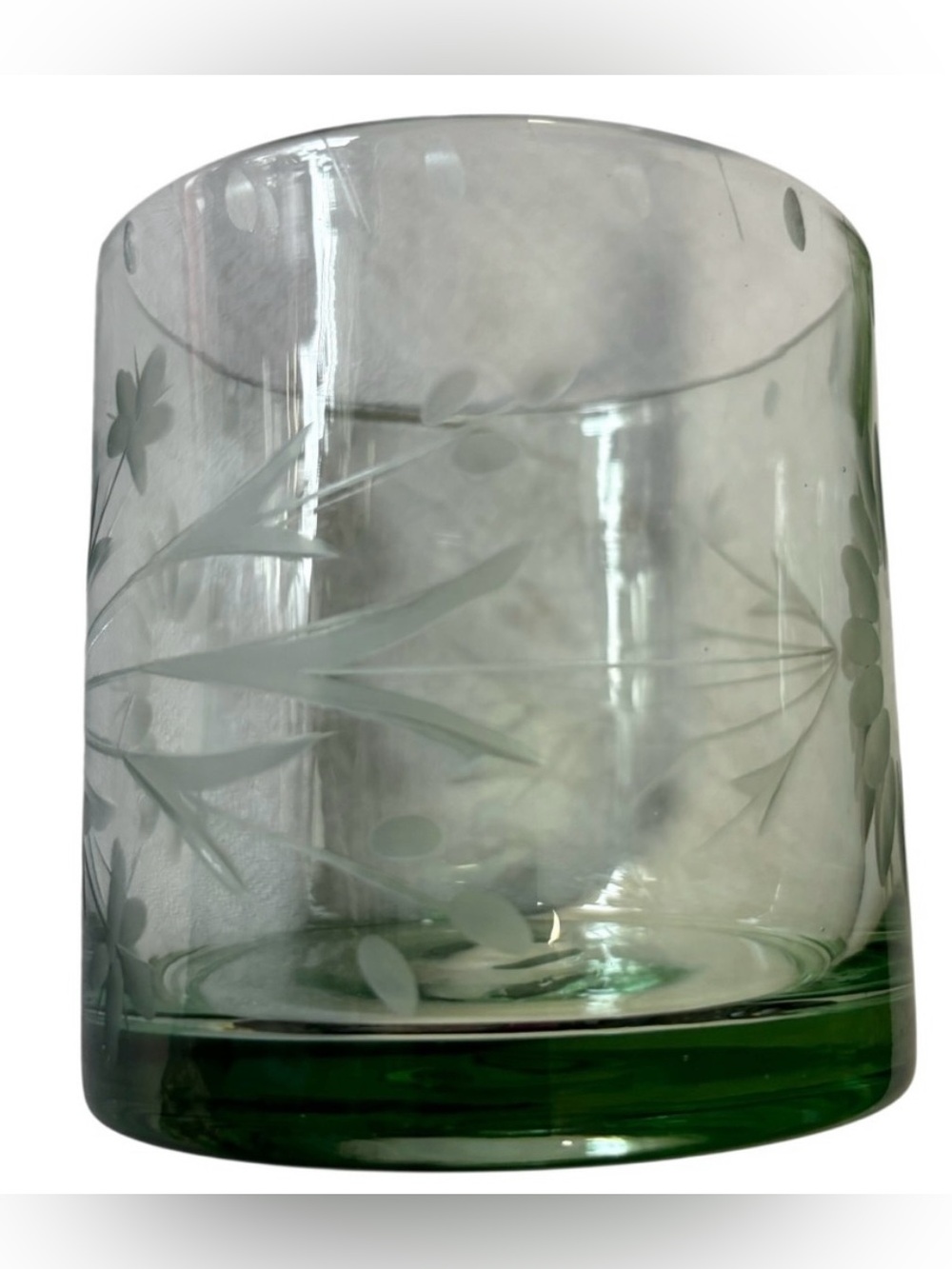 Bobby Flay BFZ1 Green Double Old Fashioned Glass Etched Floral EUC